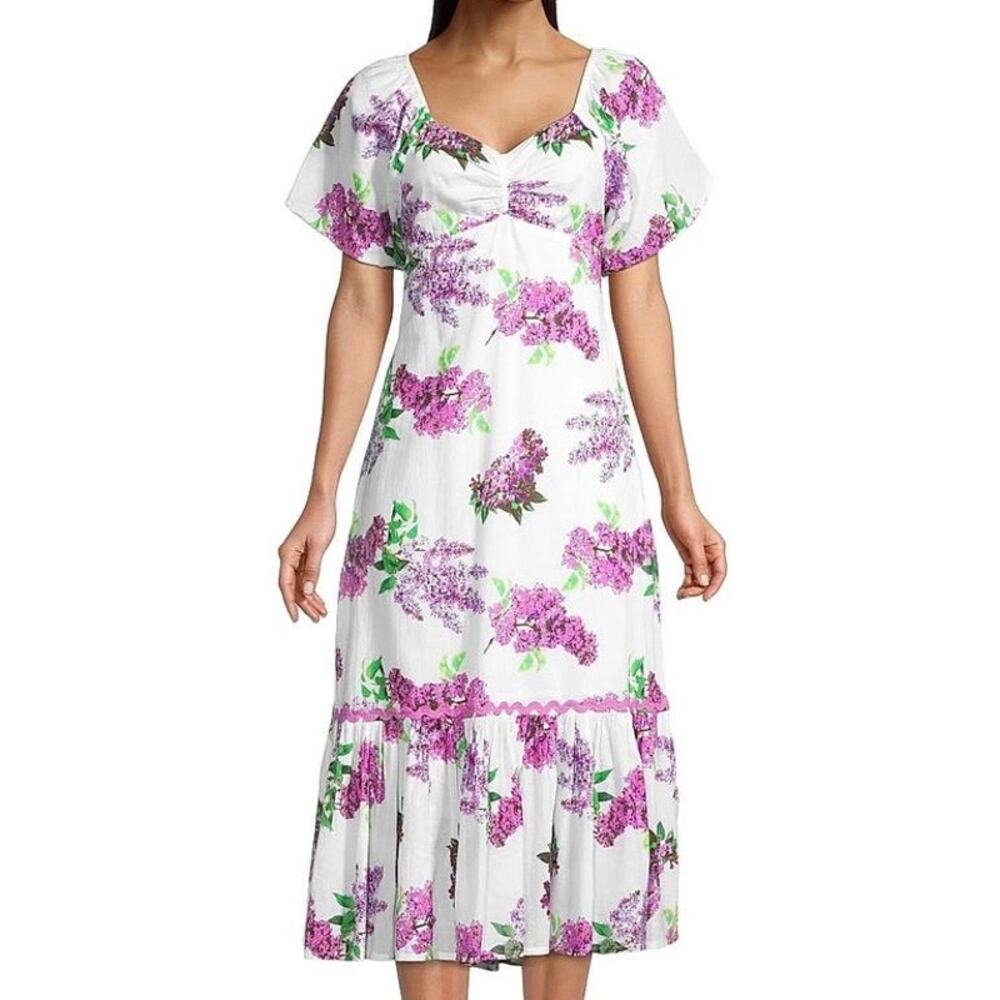 Ro's Garden Huxley Floral Midi Dress Cottagecore 100% Cotton White Purple Sz L